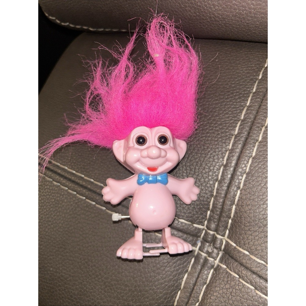TOY 200 Wind Up Neon Pink Walking TROLL DOLL Vintage  Brown Eyes 7"